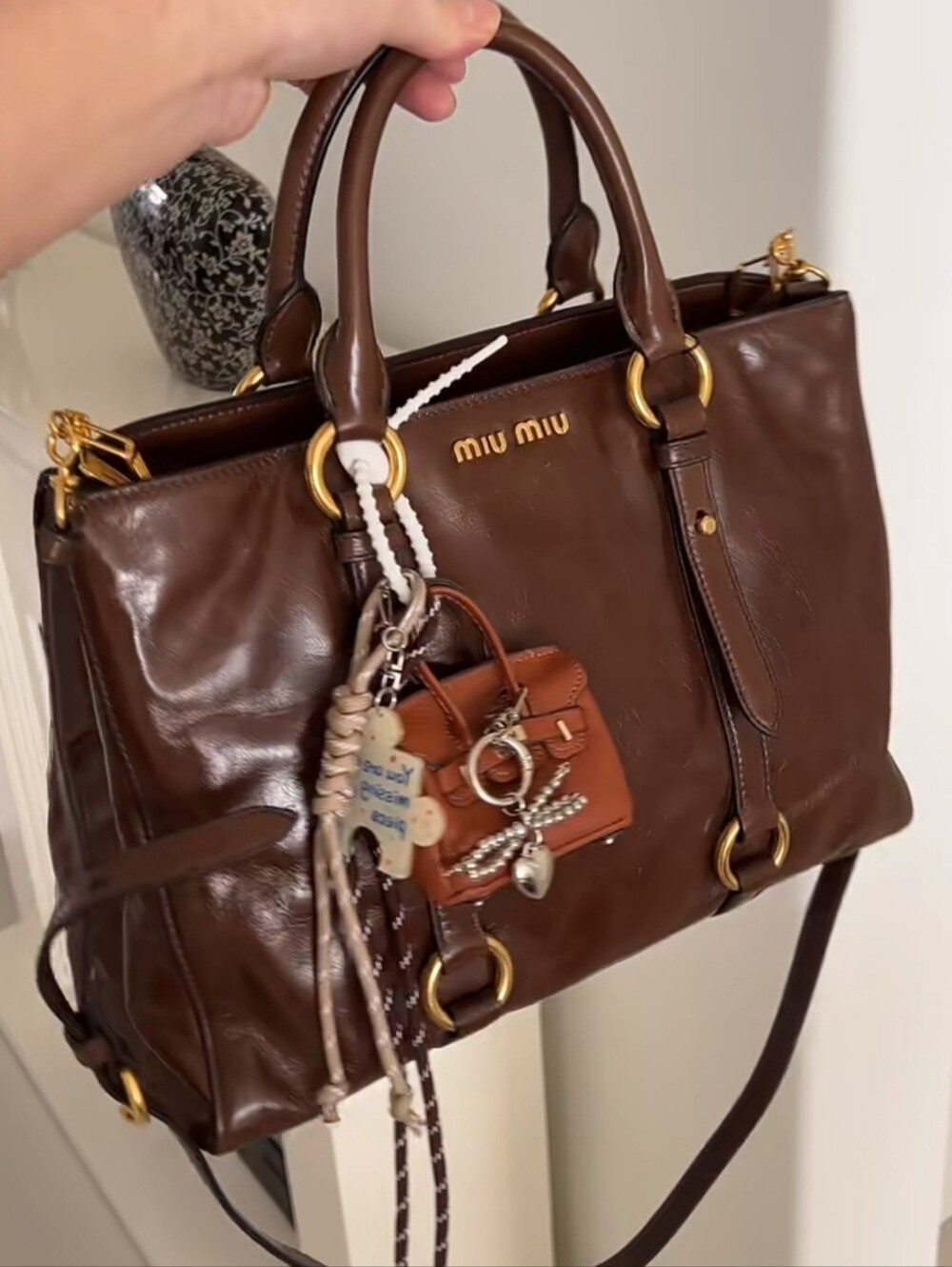 Miu Miu Vitello Shine Brown Leather Top-Handle Satchel